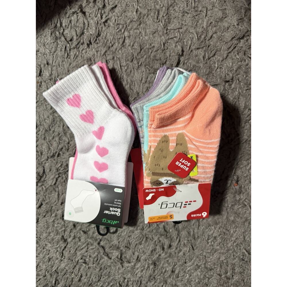 BCG Girls Socks Lot Small 6 Pairs No Show Quarter Cute Animals Hearts